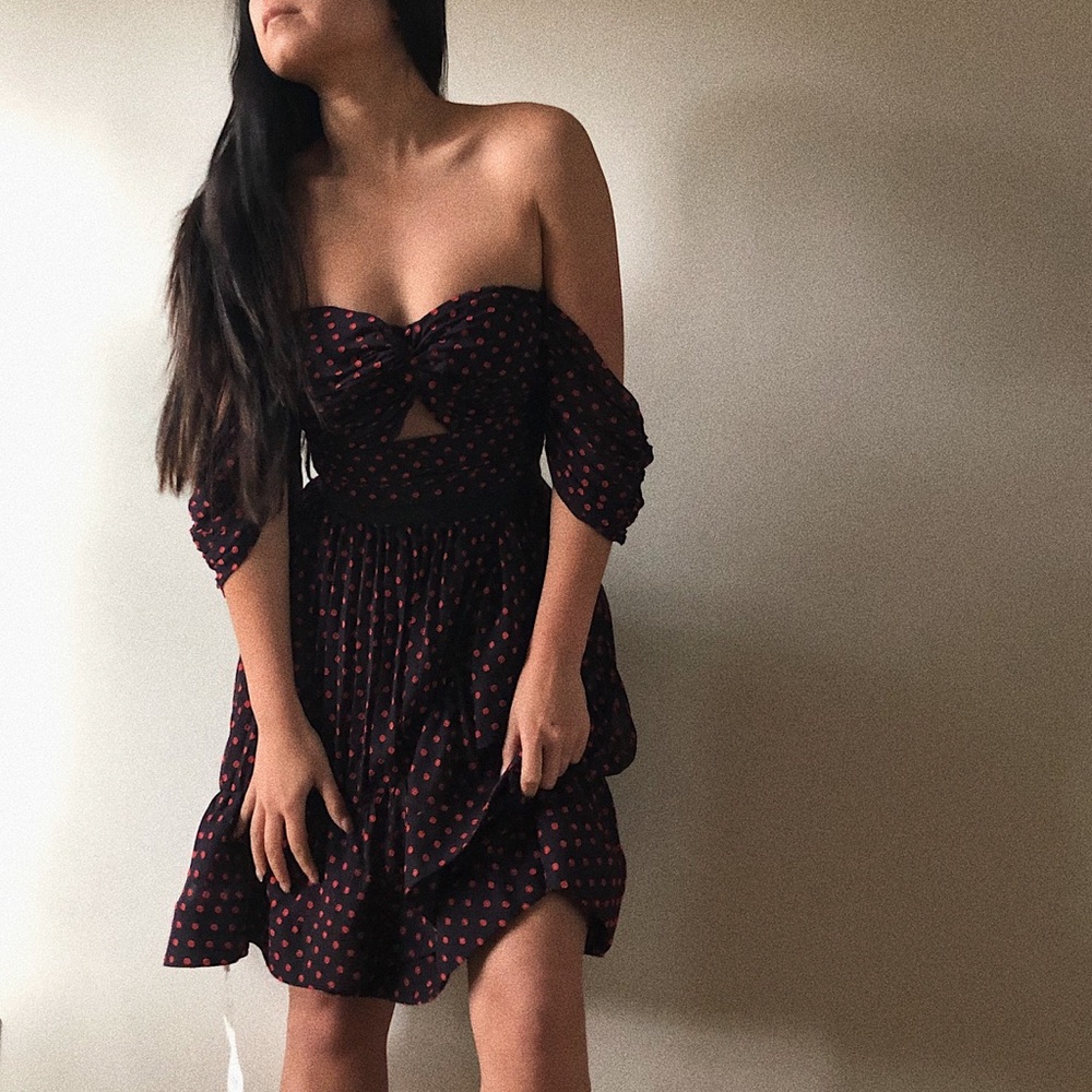 Self-Portrait off shoulder navy dress with red polka dot print